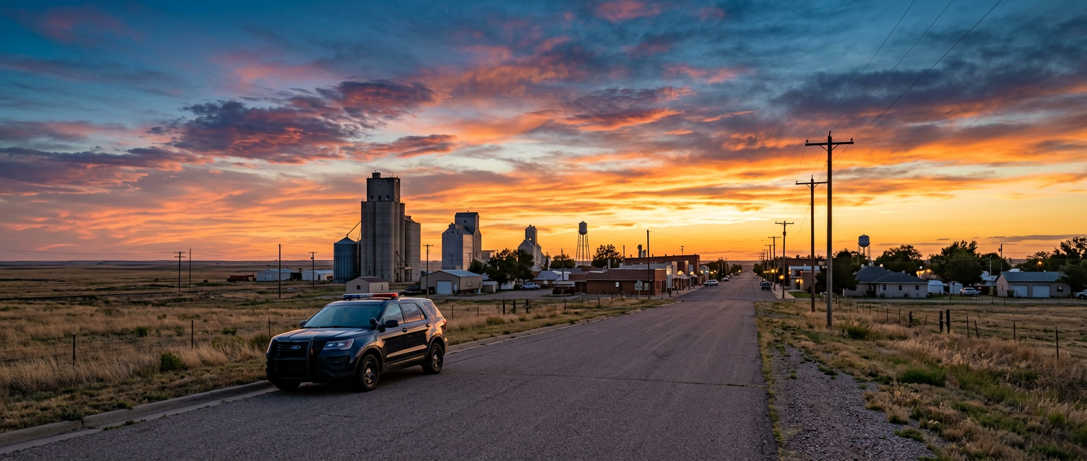 Grain elevators and the town of Eads, Colorado at sunset on the eastern plains